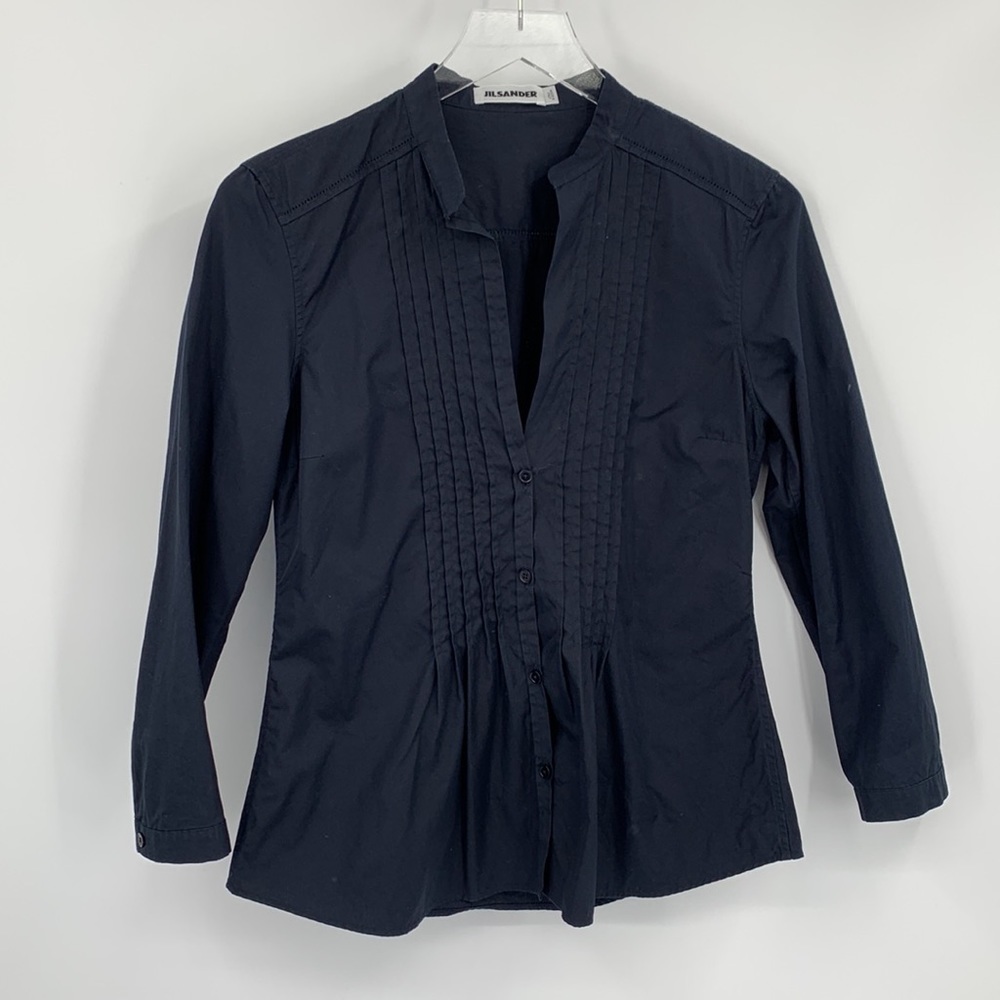 Jil Sander pintuck poplin blouse shirt top navy blue button Italy women XS
